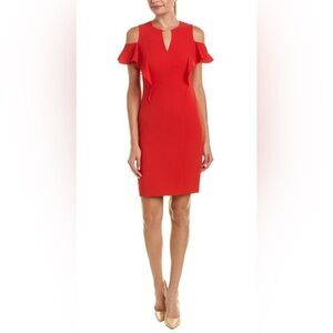 Elie Tahari Johari Glossy Red Dress w/ Ruffle Sleeves & Gold Detail Size 10 NWT